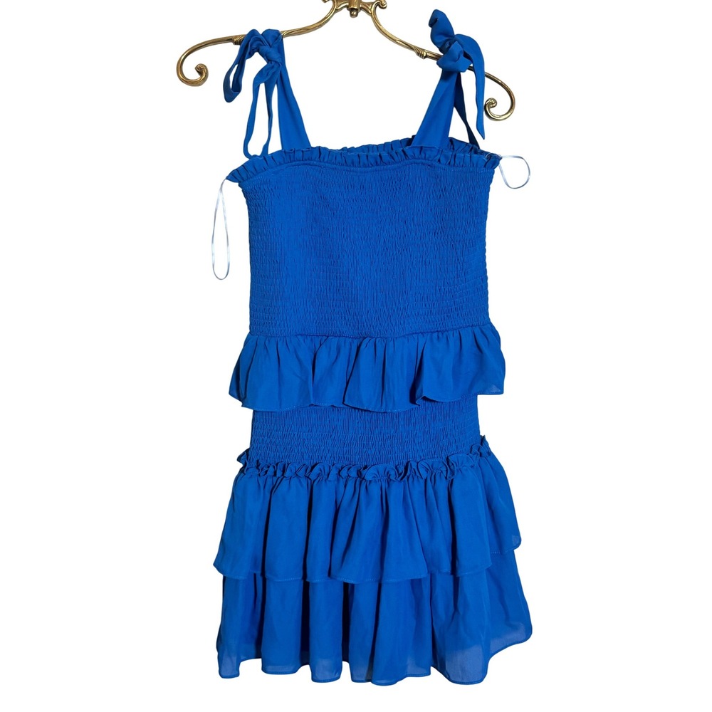 TCEC Blue Smocked Ruffle Tiered Dress Tie‎ Straps  Party Mini Dress Size M
